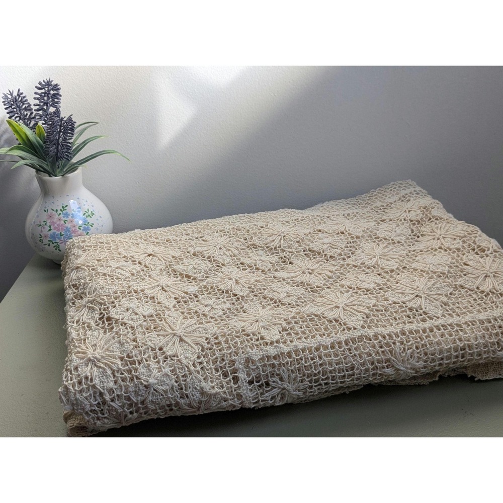 Vintage Handmade Crochet Lace Tablecloth Ivory Floral 50x54 Rectangular